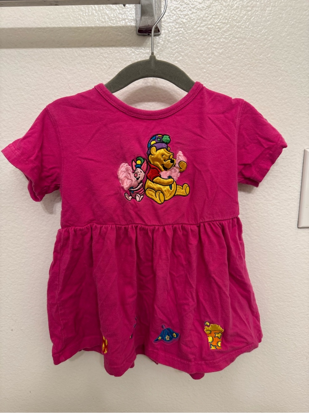 Girls' Hot Pink Winnie the Pooh Embroidered Short Sleeve Dress